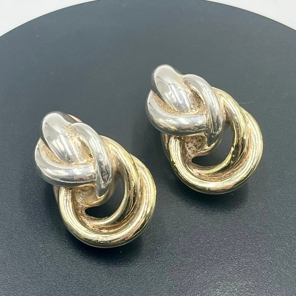 Vintage 925‎ Sterling Silver Two-Tone Love Knot Clip-On Earrings 22g Modernist